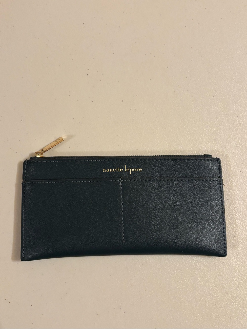 Nanette Lepore Dark Blue Slim Zip Card Wallet with Gold Hardware